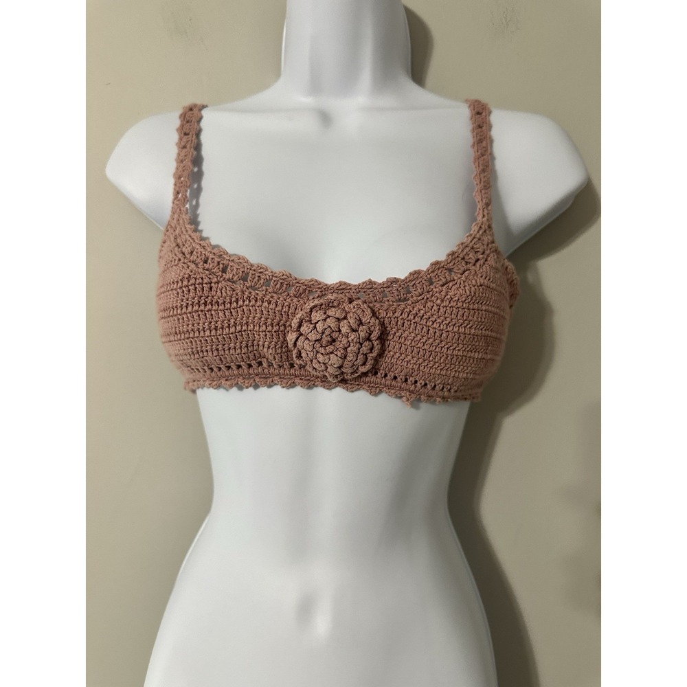 SHE‎ MADE ME Rose Crochet Bikini Top Bralette S/M Mauve Pink Floral Cotton Boho